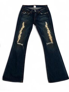 True Religion Women’s Dark Blue Distressed Flare Jeans in perfect condition